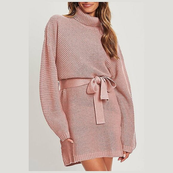 Women's 2024 Fall Sweater Dresses Turtleneck Batwing Pink - Picture 2 of 4